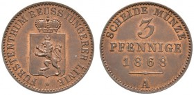 Altdeutsche Münzen und Medaillen 
 Reuß-jüngere Linie zu Schleiz 
 Heinrich XIV. 1867-1913. Cu-3 Pfennig 1868 A. AKS 42, J. 135.
 Prachtexemplar, f...