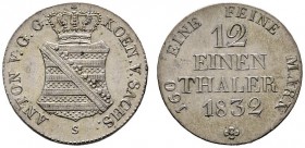 Altdeutsche Münzen und Medaillen 
 Sachsen-Albertinische Linie 
 Anton 1827-1836 
 1/12 Taler 1832. AKS 76, J. 56.
 vorzüglich-Stempelglanz