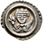 Altdeutsche Münzen und Medaillen 
 Ulm, königliche Münzstätte 
 Konrad IV. bis Konradin 1237-1254-1268 
 Brakteat um 1250-1270. Gekröntes Brustbild...
