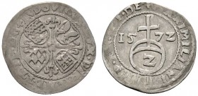 Altdeutsche Münzen und Medaillen 
 Württemberg 
 Ludwig 1568-1593 
 Halbbatzen zu 2 Kreuzer 1572 -Stuttgart-. Gruppe 1. Variante: Reversumschrift b...