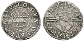 Altdeutsche Münzen und Medaillen 
 Württemberg 
 Ludwig 1568-1593 
 Gröschlein mit Wertzahl 37 1/2 1593. Mit deutlich umgeschnittener, letzter Ziff...