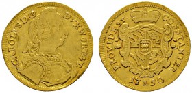 Altdeutsche Münzen und Medaillen 
 Württemberg 
 Karl Eugen 1744-1793 
 Dukat 1750. Stempel von Veit Schrempf. Geharnischtes Brustbild mit zum Zopf...