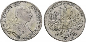 Altdeutsche Münzen und Medaillen 
 Württemberg 
 Karl Eugen 1744-1793 
 Konventionstaler 1759. KR 359, Ebner 131, Dav. 2859.
 fast sehr schön