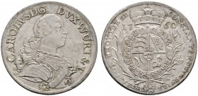 Altdeutsche Münzen und Medaillen 
 Württemberg 
 Karl Eugen 1744-1793 
 Konventionstaler 1760. KR 361, Ebner 146, Dav. 2861.
 feine Tönung, sehr s...