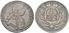 Altdeutsche Münzen und Medaillen 
 Württemberg 
 Karl Eugen 1744-1793 
 Konventionstaler 1781. KR 376, Ebner 242, Dav. 2870.
 feine Patina, minima...