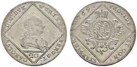 Altdeutsche Münzen und Medaillen 
 Württemberg 
 Karl Eugen 1744-1793 
 20 Kreuzer 1769. Brustbild im auf die Spitze gestellten Quadrat. Mit Stempe...