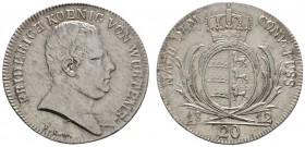 Altdeutsche Münzen und Medaillen 
 Württemberg 
 Friedrich II./I. 1797-1806-1816 
 20 Kreuzer 1812. KR 40, AKS 46, J. 16.
 vorzüglich-Stempelglanz...