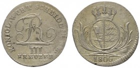 Altdeutsche Münzen und Medaillen 
 Württemberg 
 Friedrich II./I. 1797-1806-1816 
 3 Kreuzer 1806. Mit der Reichssturmfahne. KR 45, AKS 52, J. 2.
...