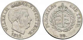 Altdeutsche Münzen und Medaillen 
 Württemberg 
 Wilhelm I. 1816-1864 
 20 Kreuzer 1823. Mit kursivem LW unter dem Kopf. KR 76a, AKS 89 Anm., J. 46...