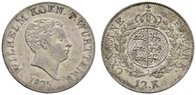 Altdeutsche Münzen und Medaillen 
 Württemberg 
 Wilhelm I. 1816-1864 
 12 Kreuzer 1825. KR 77.1, AKS 91, J. 45b.
 feine Tönung, sehr schön-vorzüg...