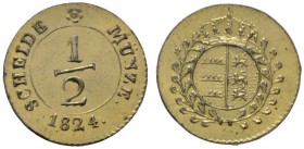 Altdeutsche Münzen und Medaillen 
 Württemberg 
 Wilhelm I. 1816-1864 
 1/2 Kreuzer 1824. KR 85, AKS 114, J. 39.
 Prachtexemplar mit feiner Patina...