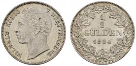 Altdeutsche Münzen und Medaillen 
 Württemberg 
 Wilhelm I. 1816-1864 
 1/2 Gulden 1864. KR 109.6.
 vorzüglich-Stempelglanz