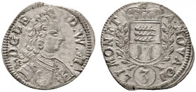 Altdeutsche Münzen und Medaillen 
 Württemberg-Mömpelgard 
 Leopold Eberhard 1699-1723 
 3 Kreuzer 1710 -Mömpelgard-. Klein 69, Debard 54, Ebner 71...