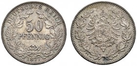 Deutsche Münzen und Medaillen ab 1871 
 Kleinmünzen 
 50 Pfennig 1877 F. J. 8.
 Prachtexemplar mit feiner Patina, fast Stempelglanz