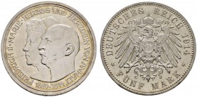 Deutsche Münzen und Medaillen ab 1871 
 Silbermünzen des Kaiserreiches 
 Anhalt 
 Friedrich II. 1904-1918. 5 Mark 1914 A. Silberhochzeit. J. 25.
 ...