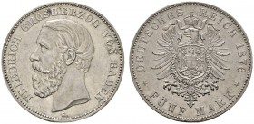 Deutsche Münzen und Medaillen ab 1871 
 Silbermünzen des Kaiserreiches 
 Baden 
 Friedrich I. 1852-1907. 5 Mark 1876 G. J. 27.
 selten in dieser E...