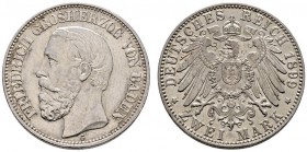 Deutsche Münzen und Medaillen ab 1871 
 Silbermünzen des Kaiserreiches 
 Baden 
 Friedrich I. 1852-1907. 2 Mark 1899 G. J. 28.
 selten in dieser E...