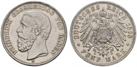 Deutsche Münzen und Medaillen ab 1871 
 Silbermünzen des Kaiserreiches 
 Baden 
 Friedrich I. 1852-1907. 5 Mark 1898 G. J. 29.
 selten in dieser E...