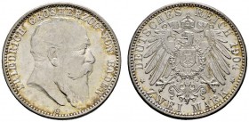 Deutsche Münzen und Medaillen ab 1871 
 Silbermünzen des Kaiserreiches 
 Baden 
 Friedrich I. 1852-1907. 2 Mark 1904 G. J. 32.
 feine Patina, vorz...