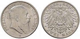 Deutsche Münzen und Medaillen ab 1871 
 Silbermünzen des Kaiserreiches 
 Baden 
 Friedrich I. 1852-1907. 2 Mark 1907 G. J. 32.
 kleiner Schrötling...