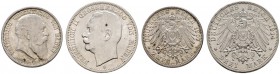 Deutsche Münzen und Medaillen ab 1871 
 Silbermünzen des Kaiserreiches 
 Baden 
 Friedrich I. 1852-1907. Lot (2 Stücke). 2 Mark 1907. Auf seinen To...
