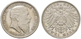 Deutsche Münzen und Medaillen ab 1871 
 Silbermünzen des Kaiserreiches 
 Baden 
 Friedrich I. 1852-1907. 2 Mark 1907. Auf seinen Tod. J. 36.
 fast...