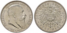 Deutsche Münzen und Medaillen ab 1871 
 Silbermünzen des Kaiserreiches 
 Baden 
 Friedrich I. 1852-1907. 5 Mark 1907. Auf seinen Tod. J. 37.
 fast...