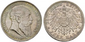 Deutsche Münzen und Medaillen ab 1871 
 Silbermünzen des Kaiserreiches 
 Baden 
 Friedrich I. 1852-1907. 5 Mark 1907. Auf seinen Tod. J. 37.
 fein...