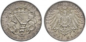 Deutsche Münzen und Medaillen ab 1871 
 Silbermünzen des Kaiserreiches 
 Bremen 
 2 Mark 1904 J. J. 59.
 feine Patina, fast Stempelglanz