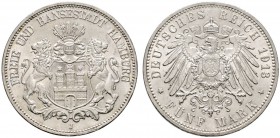 Deutsche Münzen und Medaillen ab 1871 
 Silbermünzen des Kaiserreiches 
 Hamburg 
 5 Mark 1913 J. J. 65.
 fast Stempelglanz