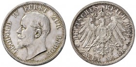 Deutsche Münzen und Medaillen ab 1871 
 Silbermünzen des Kaiserreiches 
 Lippe 
 Leopold IV. 1905-1918. 2 Mark 1906 A. J. 78.
 leichte Tönung, vor...