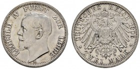 Deutsche Münzen und Medaillen ab 1871 
 Silbermünzen des Kaiserreiches 
 Lippe 
 Leopold IV. 1905-1918. 2 Mark 1906 A. J. 78.
 leichte Tönung, win...