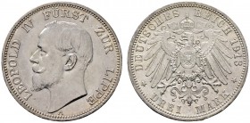 Deutsche Münzen und Medaillen ab 1871 
 Silbermünzen des Kaiserreiches 
 Lippe 
 Leopold IV. 1905-1918. 3 Mark 1913 A. J. 79.
 winzige Kratzer, vo...