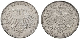 Deutsche Münzen und Medaillen ab 1871 
 Silbermünzen des Kaiserreiches 
 Lübeck 
 2 Mark 1901 A. J. 80.
 minimale Kratzer, sehr schön-vorzüglich...