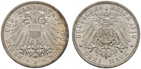 Deutsche Münzen und Medaillen ab 1871 
 Silbermünzen des Kaiserreiches 
 Lübeck 
 3 Mark 1910 A. J. 82.
 fast Stempelglanz