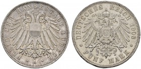 Deutsche Münzen und Medaillen ab 1871 
 Silbermünzen des Kaiserreiches 
 Lübeck 
 5 Mark 1908 A. J. 83.
 kleine Randfehler und Kratzer, sehr schön...