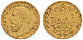 Deutsche Münzen und Medaillen ab 1871 
 Reichsgoldmünzen 
 Baden 
 Friedrich I. 1852-1907. 10 Mark 1873 G. J. 183.
 gutes sehr schön