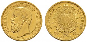 Deutsche Münzen und Medaillen ab 1871 
 Reichsgoldmünzen 
 Baden 
 Friedrich I. 1852-1907. 20 Mark 1872 G. J. 184.
 gutes vorzüglich