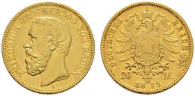 Deutsche Münzen und Medaillen ab 1871 
 Reichsgoldmünzen 
 Baden 
 Friedrich I. 1852-1907. 20 Mark 1873 G. J. 184.
 kleine Randfehler, sehr schön-...