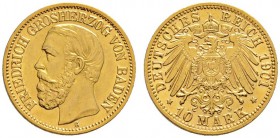 Deutsche Münzen und Medaillen ab 1871 
 Reichsgoldmünzen 
 Baden 
 Friedrich I. 1852-1907. 10 Mark 1901 G. J. 188.
 vorzüglich-Stempelglanz