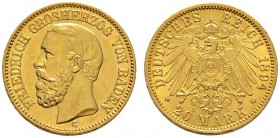 Deutsche Münzen und Medaillen ab 1871 
 Reichsgoldmünzen 
 Baden 
 Friedrich I. 1852-1907. 20 Mark 1894 G. J. 189.
 vorzüglich/vorzüglich-Stempelg...