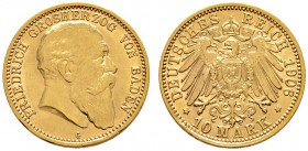 Deutsche Münzen und Medaillen ab 1871 
 Reichsgoldmünzen 
 Baden 
 Friedrich I. 1852-1907. 10 Mark 1906 G. J. 190.
 minimaler Randfehler, vorzügli...