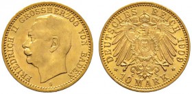 Deutsche Münzen und Medaillen ab 1871 
 Reichsgoldmünzen 
 Baden 
 Friedrich II. 1907-1918. 10 Mark 1909 G. J. 191.
 selten, vorzüglich-Stempelgla...