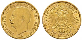 Deutsche Münzen und Medaillen ab 1871 
 Reichsgoldmünzen 
 Baden 
 Friedrich II. 1907-1918. 20 Mark 1911 G. J. 192.
 kleine Kratzer, vorzüglich/vo...