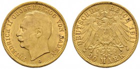 Deutsche Münzen und Medaillen ab 1871 
 Reichsgoldmünzen 
 Baden 
 Friedrich II. 1907-1918. 20 Mark 1911 G. J. 192.
 kleine Kratzer, sehr schön-vo...