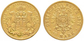 Deutsche Münzen und Medaillen ab 1871 
 Reichsgoldmünzen 
 Hamburg 
 10 Mark 1876 J. J. 209. Auflage: 6.000 Exemplare
 der seltenste Jahrgang, seh...