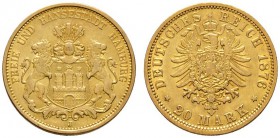 Deutsche Münzen und Medaillen ab 1871 
 Reichsgoldmünzen 
 Hamburg 
 20 Mark 1876 J. J. 210.
 sehr schön-vorzüglich
