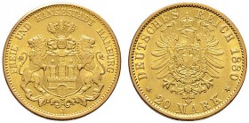 Deutsche Münzen und Medaillen ab 1871 
 Reichsgoldmünzen 
 Hamburg 
 20 Mark 1880 J. J. 210.
 kleine Kratzer, vorzüglich