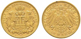 Deutsche Münzen und Medaillen ab 1871 
 Reichsgoldmünzen 
 Hamburg 
 10 Mark 1905 J. J. 211.
 vorzüglich-Stempelglanz