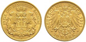 Deutsche Münzen und Medaillen ab 1871 
 Reichsgoldmünzen 
 Hamburg 
 10 Mark 1911 J. J. 211.
 gutes vorzüglich